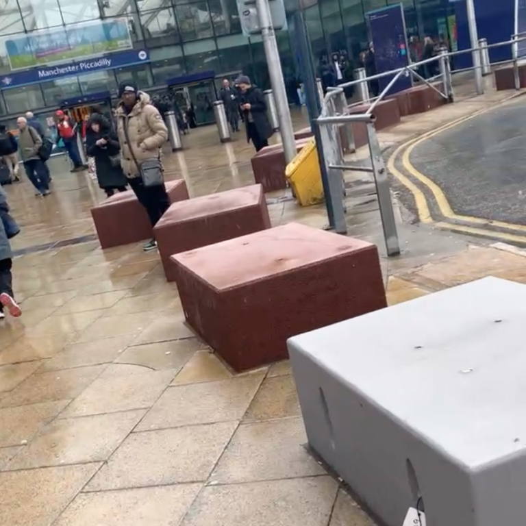 A line of concrete blocks laid out infront of the Piccadilly Station entrance